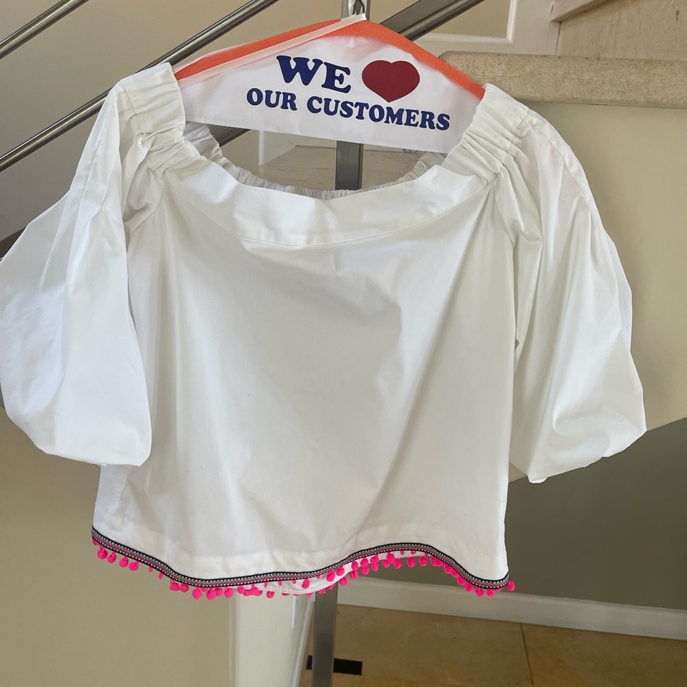 White Blouse off shoulder with Pink Trim Top